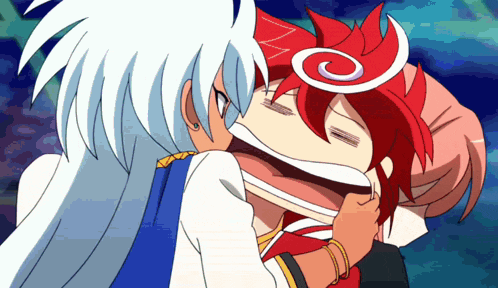 a cartoon character with red hair and white hair is kissing another character with red hair