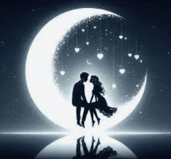 a man and woman are sitting on a crescent moon and kissing .