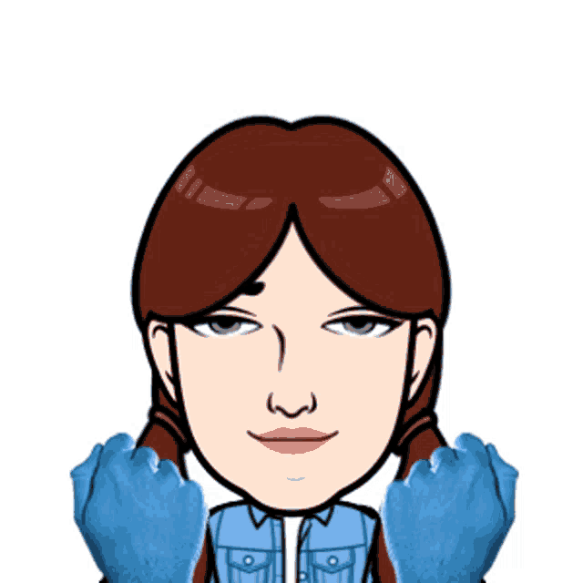 a cartoon girl wearing blue gloves and a blue shirt