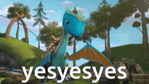 a cartoon dragon with a crown on its head and the words yesyesyes below it