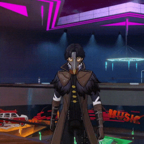 a cartoon character wearing a bird mask and a feathered jacket