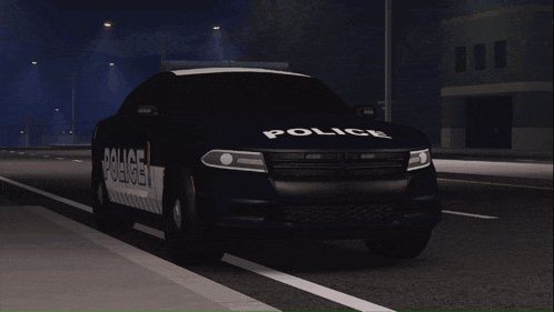 a police car is parked on a street at night