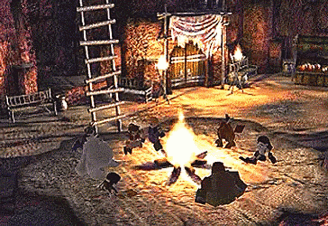 a group of people sit around a fire in a video game