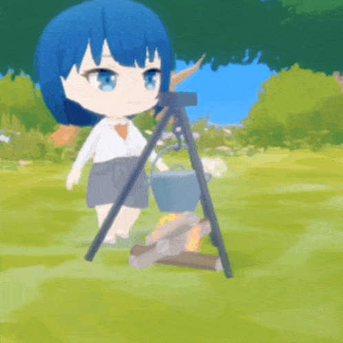 a cartoon girl with blue hair is standing next to a pot on a tripod