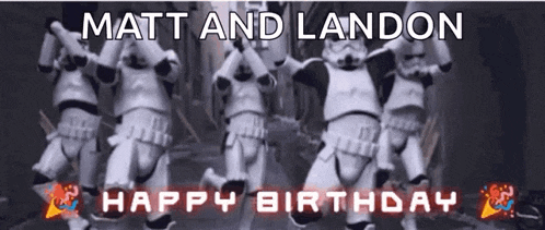 a group of stormtroopers are dancing in front of a happy birthday sign