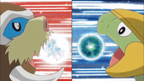 a cartoon of a pig and a turtle fighting with a green circle in the middle