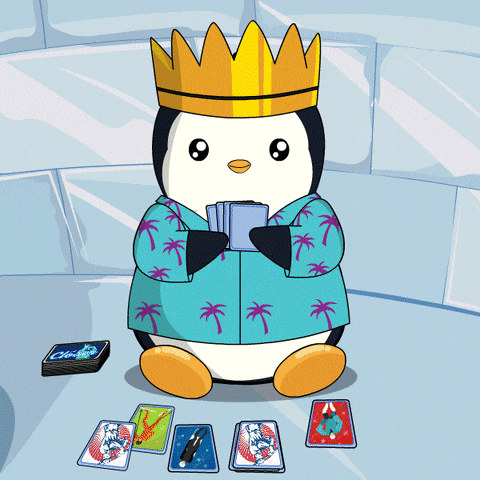 a penguin is wearing a crown and holding a stack of cards