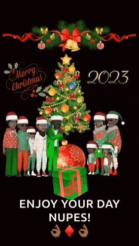 a group of children are standing in front of a christmas tree and a gift .
