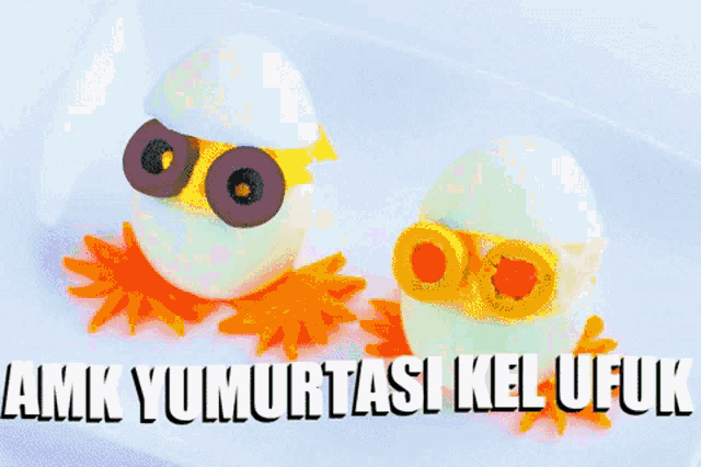 two eggs decorated to look like frogs with the words amk yumurtasi kel ufuk underneath