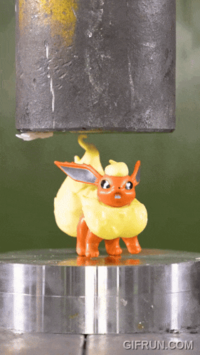 a gif from gifrun.com shows a yellow and orange pokemon being crushed by a metal object