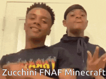 two young men are standing next to each other and one of them is wearing a shirt that says zucchini fnaf minecraft