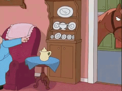 a cartoon of a woman sitting in a chair next to a table with a teapot on it