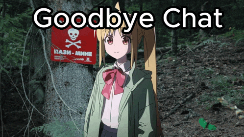 a girl stands in front of a red sign that says goodbye chat