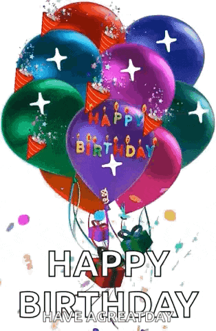 a bunch of colorful balloons with the words `` happy birthday '' written on them are flying in the air .