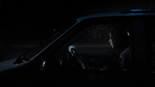 a man and a woman are sitting in a dark car at night