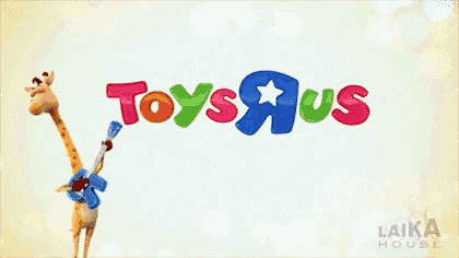 a toys r us logo with a giraffe playing a guitar