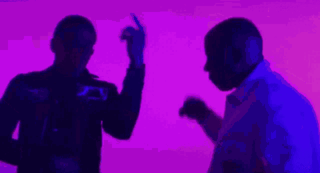 two men are standing next to each other in front of a purple background in the dark .