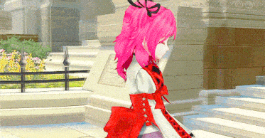 a girl with pink hair is wearing a red dress