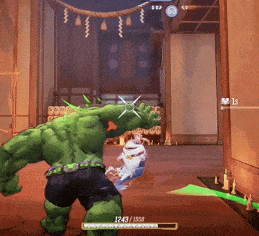 a video game screen shows a hulk with a score of 1443/1550
