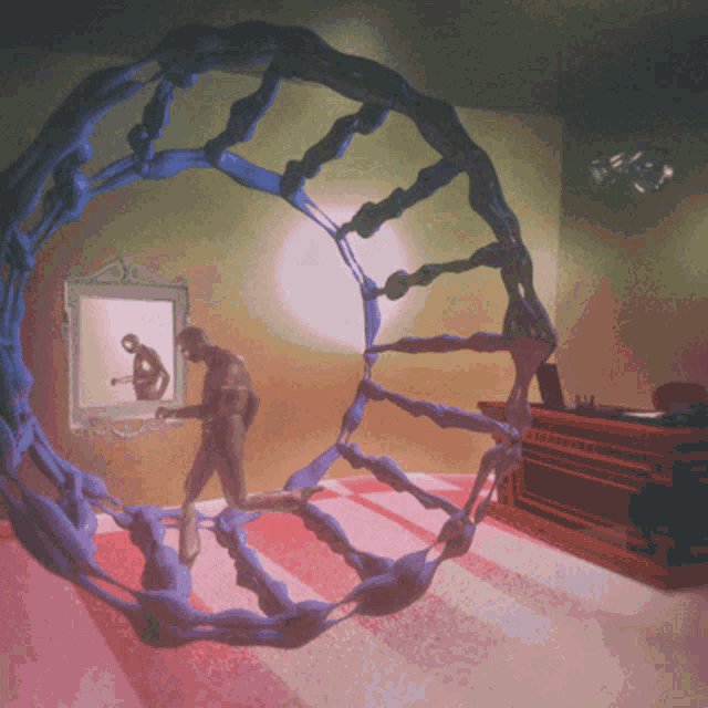 a painting of a man standing in a circle with a picture of a man in a frame behind him