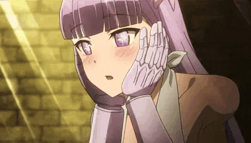 a girl with purple hair and white gloves is looking at the camera