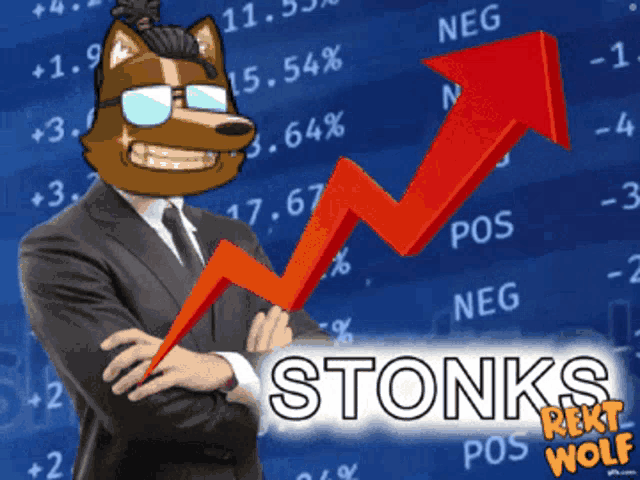 a man in a suit and tie stands in front of a red arrow that says stonks
