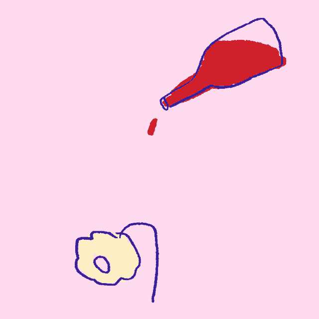 a drawing of a flower and a bottle of liquid on a pink background
