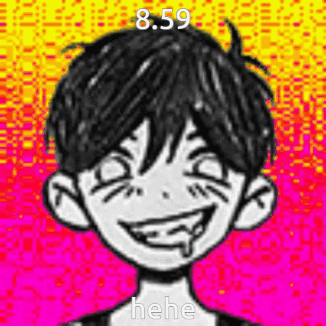 a black and white drawing of a boy with a smiley face and the words 8:59 behind him