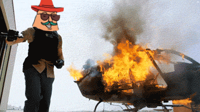 a man in a sombrero stands in front of a helicopter on fire