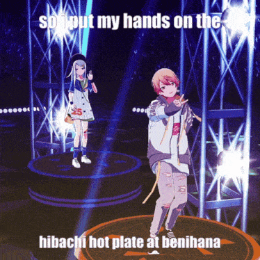 two anime characters on a stage with a caption that says hibachi hot plate at benihana
