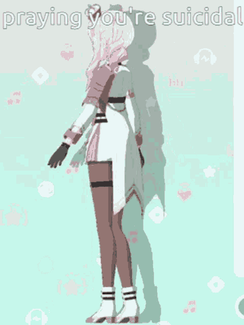 a girl in a pink and white outfit is praying you 're suicidal