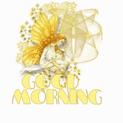 a fairy is sitting on a cloud with the words " good morning " above her