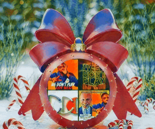a red christmas ornament with candy canes and the words we dont play on it