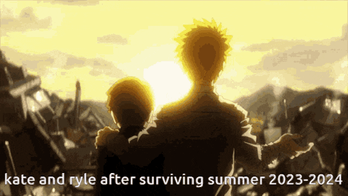 a couple of people standing next to each other with the words " kate and ryle after surviving summer 2023-2024 " at the bottom