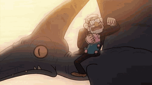 a man is riding on the back of a dinosaur while reading a book .