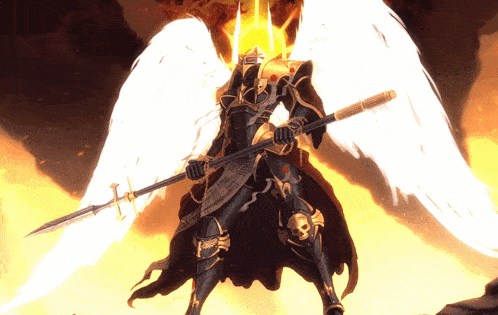 a knight with white wings is holding a spear with the letter t on it