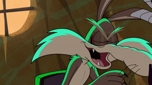 a cartoon drawing of a coyote with his mouth open and his eyes closed