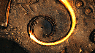 a close up of a spiral on a rock with a hole in the middle