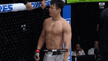 a fighter is being examined by a referee in a ufc fight