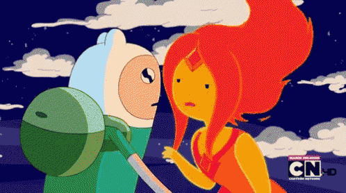 a cartoon of finn and princess flame with the cn logo in the corner
