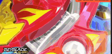 a close up of a beyblade burst toy with a red , yellow , and blue background .