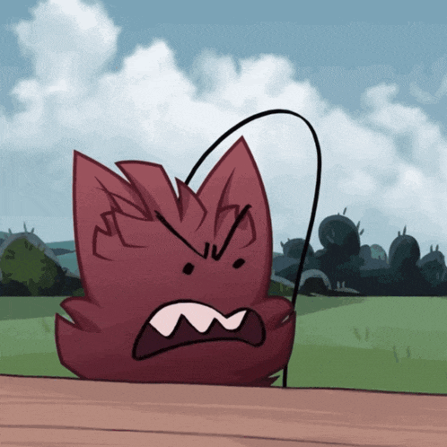 a cartoon drawing of a red flower with an angry expression on its face