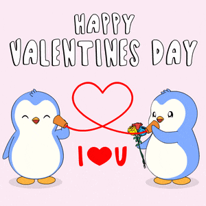 a couple of penguins holding flowers and a red string with the words happy valentine 's day