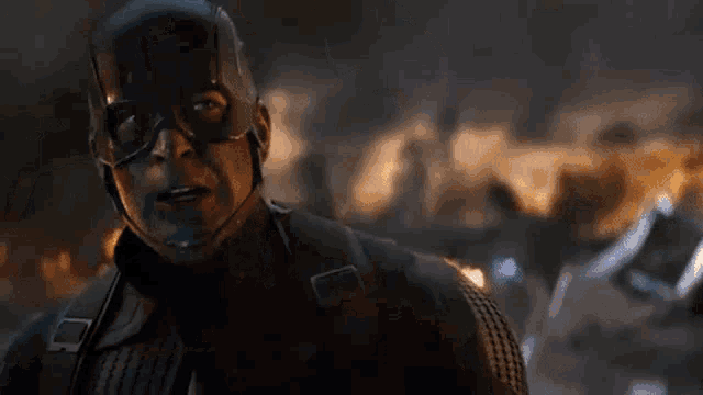 a close up of captain america 's face with his mouth open in avengers endgame .