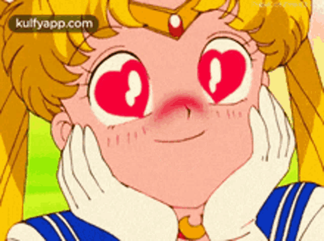 a close up of a cartoon girl with heart shaped eyes and her hands on her face