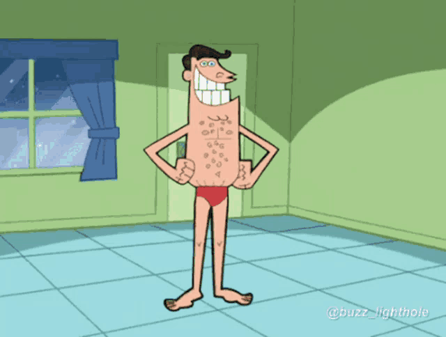 a cartoon character is standing in a room without a shirt