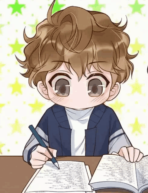 a little boy is writing in a notebook with a pencil