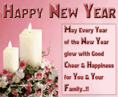 a happy new year greeting card with two candles and flowers
