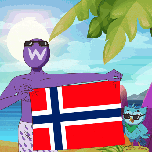 a cartoon character holding a norwegian flag