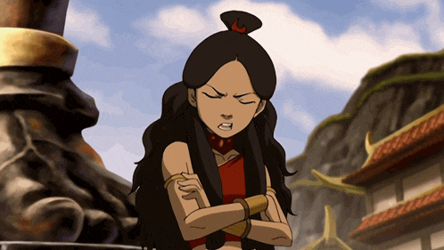 a cartoon girl with her arms crossed and a red top